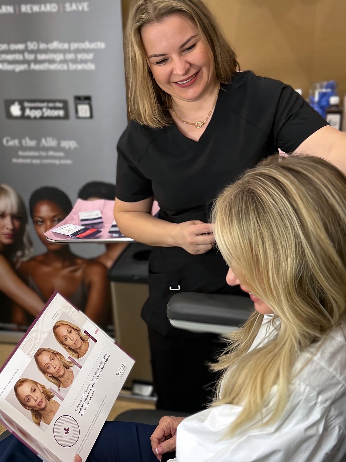 Consultation for aesthetic treatments in clinic setting.