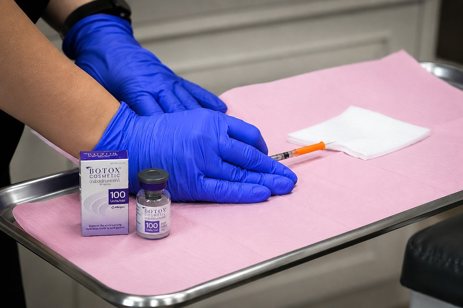 Botox preparation with syringe and gloves.