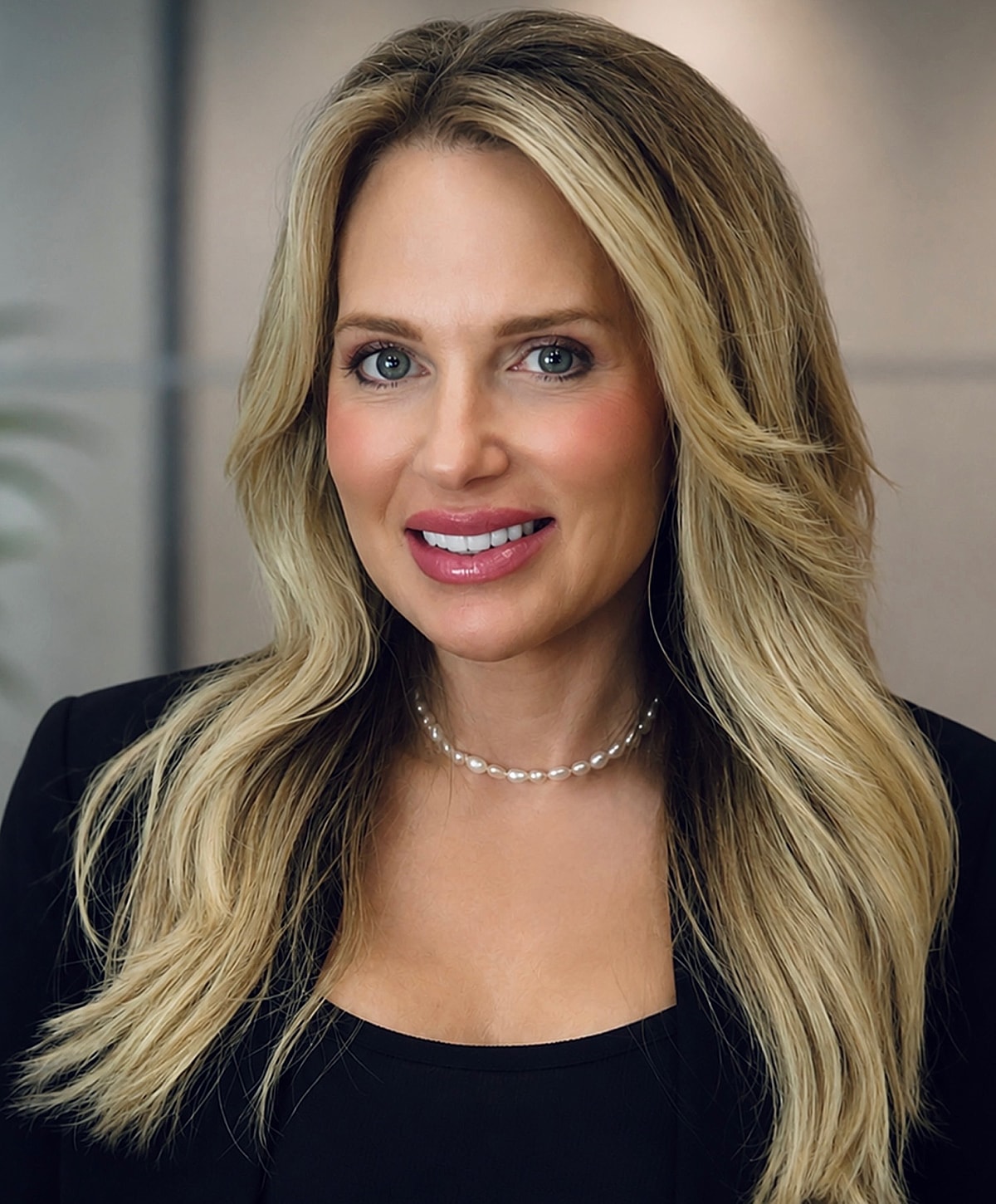 Smiling woman with long, blonde hair.