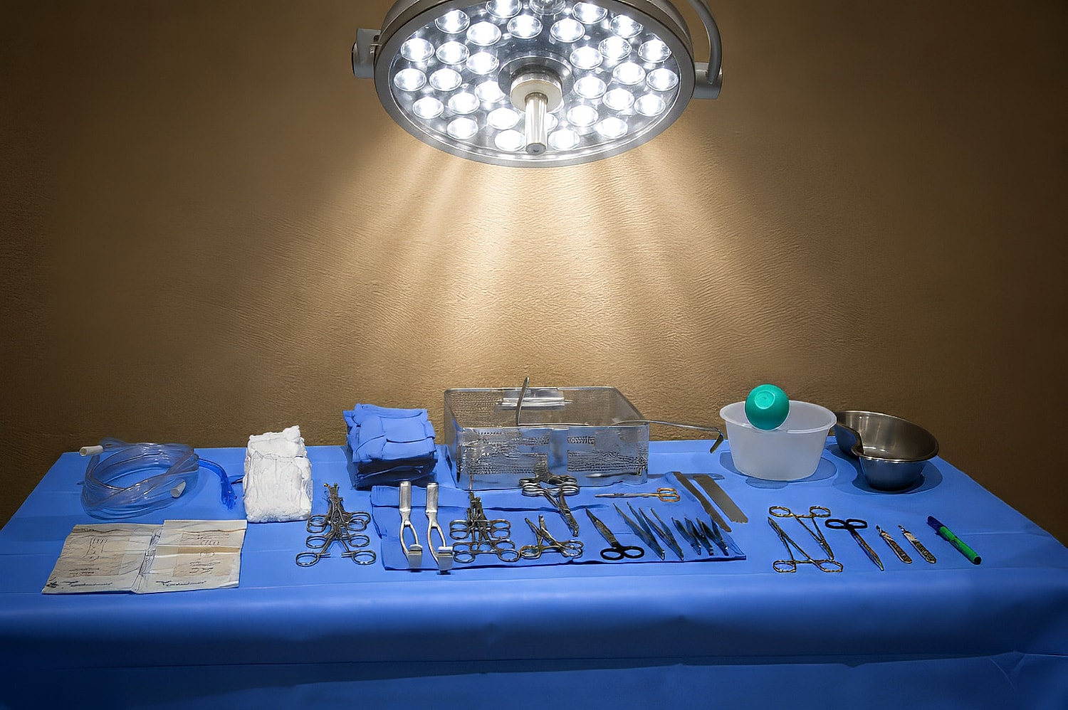 Surgical instruments arranged on a blue table.