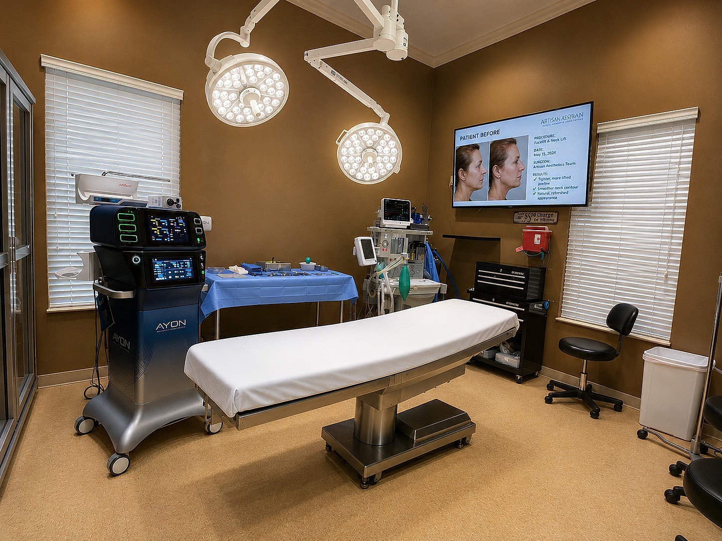 Medical examination room with surgical equipment.