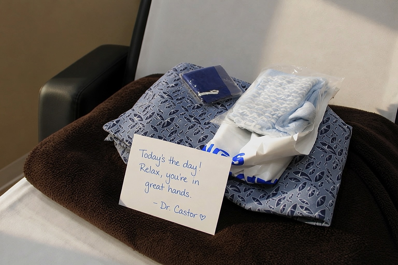 Care package with note for patient reassurance.